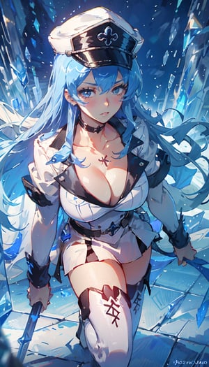 masterpiece, high_resolution, ultra realistic, outdoors, (hair ornament), reah, long blue hair, looking at viewer, perfect face, see through top, facing viewer, photorealistic, blue glows, sexy, 4K, 8k HD, high quality, portrait, boots, choker, cleavage, collarbone, hat, ice, military, military uniform, peaked cap, thigh boots, thighhighs, uniform, bracelet, portrait art, esdeath,perfect light,IceElementCh