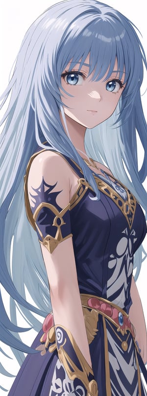 A very beautiful anime girl dressing a elegant dress, beautiful long blue hair, blue eyes, her dress is made by ink, looking at viewer, radiant gaze, (front view), upper body, close up, ink brushstrokes in background mastepiece quality, stunning image, colorful, Ink art style.