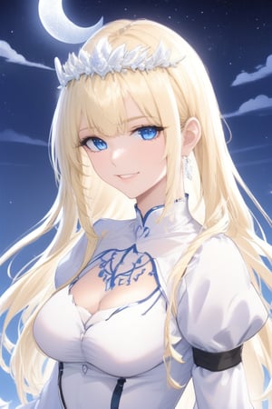 Beautiful girl, Calca Bessarez (Overlord), long hairstyle, blonde hair, blue eyes, tiara, princess, white dress, masterpiece quality, night_sky , beautiful face, calm face, looking at viewer, upper body, Anime Style., highly detailed, 1girl, white tiara, medium breasts, blunt bangs, portrait, sharpness