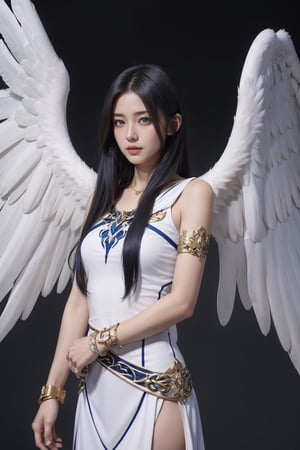 masterpiece, best quality, angelFeena, angel wings, white dress, armlet, bracelet, majestic