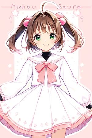 1girl, solo, looking at the audience, model pose, happy face, eyes with long and dense eyelashes (very bright and crystal clear), character name, text, kinomoto sakura, antenna hair, brown hair, short hair, twintails, green eyes, hair bobbles, Mahou Shoujo uniform, white costume