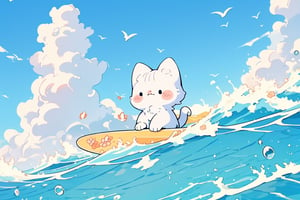 In this 8K-quality animation, a playful kitten is seen from below, close up shot picture from front, effortlessly riding a miniature surfboard across the gentle waves. The bright blue sky serves as a stunning backdrop, providing a vivid contrast to the kitten's soft fur and the surfboard's vibrant colors. The composition is dynamic, with the kitten's paws splayed out in all directions, capturing its carefree spirit.,chibi