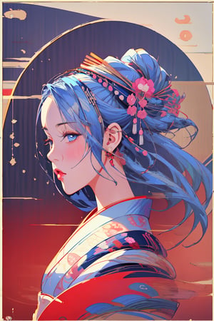 very clear and precise images, 1girl, kimono, very beautiful and excellent, arms at sides, (Japanese style), (art poster:1.4), (artistic background:1.4), (illustration:1.4), (masterpiece:1.3), ((top quality, 8k, ultra-detailed)), perfect anatomy, looking at viewer, long blue hair, blue eyes, caligraph, full_body