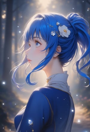 anime, anime style, niji6 style, by nijijourney, anime, anime style, niji6 style, by nijijourney, blue theme, anime, anime style, niji6 style, by nijijourney, 1girl, solo, hair ornament, pony hair, long dress uniform, flower hair ornament, flower, blurry, princess, blurry background, portrait, glow blue eyes, parted lips, from side, blue hair, dress, eyelashes, looking up, upper body, white flower, parted bangs, jacket, depth of field, nature, outdoors, sidelocks, forest, blue eyes, floating hair, expressionless, hair intakes, gradient hair, blue hair, blue eyes, very long hair, multicolored hair, sunlight, animification, anime coloring, fake screenshot, screencap, anime screencap, twilight, detailed eyes, ambient light, thick eyelashes, diamond, dark night, dark deep, sparkling, masterpiece, best quality, highres, 4k, 8k, intricate detail, cinematic lighting, amazing quality, amazing shading, film grain, blurry foreground, vignetting chiaroscuro, chromatic aberration, backlighting, global illumination, drop shadow, detailed illustration, anime style, wallpaper, animification, anime coloring, fake screenshot, screencap, anime screencap,Oil painting style,Anime style,Oil painting style 