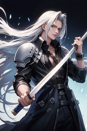 Masterpiece, HD, high_resolution, Sephiroth (Final Fantasy), male focus, one-sided black wing, holding very long sword