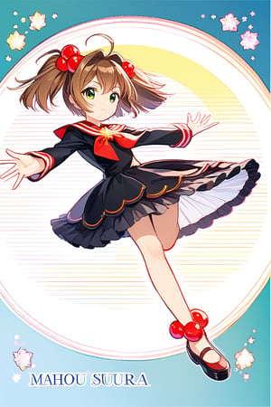 1girl, solo, looking at the audience, model pose, serious face, eyes with long and dense eyelashes (very bright and crystal clear), character name, text, Cardcaptor Sakura, antenna hair, brown hair, short hair, twintails, green eyes, hair bobbles, Mahou Shoujo uniform, black costume, zdyna_pose, full_body 