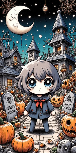 A bewitching Halloween scene unfolds in this manga panel: a tiny, spirited heroine stands defiantly amidst a graveyard of pumpkins and tombstones, her bright blue eyes aglow with determination. A crescent moon casts an eerie glow above, while candy corn and spider webs adorn the dark, mystical atmosphere.