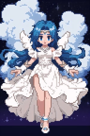 SelectiveColorStyle, light colors, Pixel art of a majestic goddess. Starry clouds background, Best quality, score_9, vivid colors, anime style, elegant, highly detailed, masterpiece, HD, reah, long blue hair, blue eyes, white dress,pixel art,pixelated