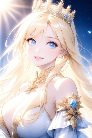 Beautiful girl, Calca Bessarez (Overlord), long hairstyle, blonde hair, blue eyes, tiara, princess, white dress, masterpiece quality, light particles, beautiful face, calm face, emo, looking at viewer, upper body, Anime Style., highly detailed