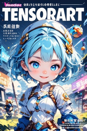 Masterpiece, highly detailed, best quality, 1girl, solo, loli, chibi style, short twintails, blue hair, ahoge, hair accessories, archery, holding bow, sporting event, very aesthetic, absurdres, blue eyes, beautiful detailed eyes, glowing eyes, navel, white top wear with logos, long sleeves, blush, smile, cute_fangs, looking at viewer, standing, dynamic pose, waving, vivid colours, magazine cover with colourful background, magazine cover, Title with text read as "TENSORART",Text,Anime Style,Chibi-chan