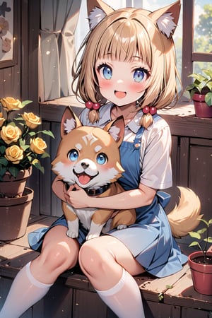 (masterpiece), sakura nene, 1girl, looking at viewer, blush, smile, short hair, open mouth, ((bangs)), blue eyes, blonde hair, brown hair, shirt, hair ornament, low twintails, , collarbone, :d, blunt bangs, hair bobbles ,

 , animal, white flower, shirt, animal ears, flower, collared shirt, , socks, , white socks, gloves, , apron,  sitting, , blush, ,tail, yellow flower, pink footwear, white shirt, animal ear fluff, , bird, kneehighs,, full body, skirt, rose, potted plant, , watering can, , shoes, blue skirt,

V-shraped eyebrows,
knees open sit, open legs,
knees away, korgi dog, dog between legs,
play with dog, dog looking a girl,
looking at dog, shot from front and below,

score_9,sakura nene,score_8_up,Details,mona,Detailed Masterpiece,nekomimimeganekao