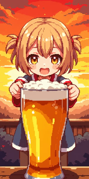 A stunning anime masterpiece featuring a petite, cute chibi determined protagonist. Against the vibrant backdrop of a breathtaking niji (Japanese sunset), the heroine struggles to grasp a gigantic beer glass. Her tiny hands wrap delicately around the rim as she exerts maximum effort, her facial expression a perfect blend of cuteness and determination. The artwork boasts intricate details, ultra-high definition, and kawaiicolors that pop with texture, inviting the viewer to step into this whimsical world, oil painting,in the style of aziib_pixel