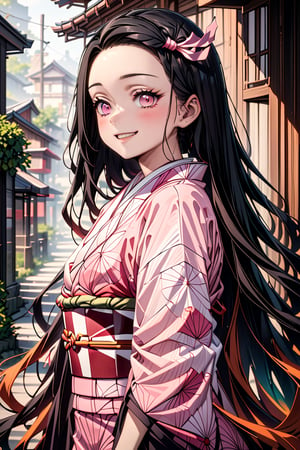 Masterpiece, best quality, Highres, 4K, 1girl, beautiful  face, happiness, extremely detailed, half body, color splashes, line art, art, fibonacci,more detail XL, Details, Kamado Nezuko, black hair, pink eyes, forehead, hair ribbon, japanese clothes, kimono, pink kimono long hair, very long hair, multicolored hair, pink ribbon, ribbon, smile