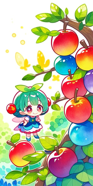 score_9, score_8_up, score_8, score_7_up, vibrant watercolor anime style. Multiple fairies, Gorgeous tiny fairy picking an apple on tree. She smiles charmingly as she holds an apples. A whimsical forest emerges out of a white background