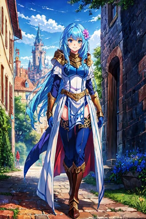 masterpiece, best quality, half body, perfect anatomy, 1girl, solo, reah, long blue hair, hair flower, gloves, armor, breastplate, bodysuit, pelvic curtain, standing, smile, outdoors, medieval city, castle in background,