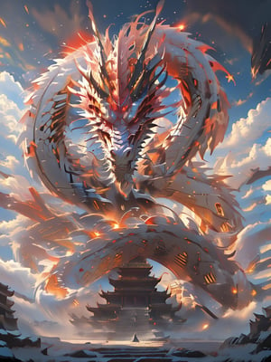 A stunning woman stands tall, flanked by two regal Chinese dragons, their scales glistening in golden light. The dragons' majestic bodies wrap around her, as if embracing her strength and beauty. The scene is set against a dramatic, gradient-blue background, with subtle texture and depth. The woman's confident pose radiates power and serenity, while the dragons' fiery breath hints at a fiery passion within.,mecha dragon,Dragon 