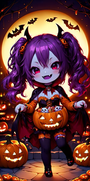 ((Chibi character)), vampire, masterpiece, highly detailed, 16K, HD, vibrant color, halloween_costume, cute_fang, chibi, detailed_background, funny, smile, twintails, trick or treat