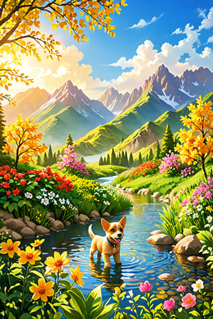 A serene panorama unfolds on a sun-kissed riverbank, where a playful puppy frolics amidst vibrant flowers. Majestic mountains rise in the distance, their rugged peaks softened by wispy clouds. Trees with leafy canopies stretch towards the sky, their gentle sway harmonizing with the calming ambient atmosphere. Warm sunlight casts a golden glow, illuminating the masterpiece of nature's artistry.