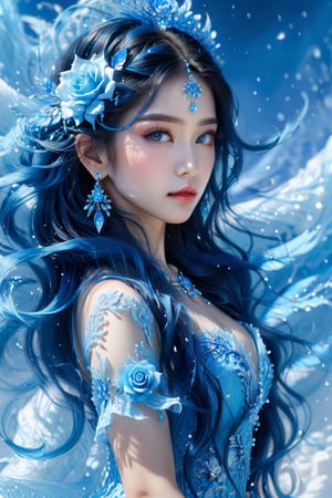 masterpiece, high quality realistic, fantasy-world art, aesthetic photo, highly detailed, intricate detailed, graceful and beautiful textures, RAW photo, 16K, (head to waist portrait), side view, look at camera, white majestic background, Fusion with blue crystal, captivating young girl, asian woman, beautiful face, detailed crystal eyes, light blue medium wavy hair, blue rose hair ornament, dress,