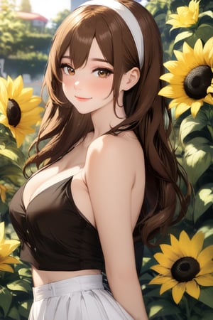 A young woman, Kelart, poses against a sunny outdoor backdrop, surrounded by blurry yellow sunflowers. She stands from the side, gazing directly at the camera with her warm brown eyes. Her extremely long brown hair cascades down her back, tied back with a white hairband. Her medium-sized chest is adorned with a black sleeveless top under a flowing white outfit that drapes elegantly over her curves. The portrait is framed by the lush greenery and sunflowers, with the soft sunlight casting a warm glow on her face.