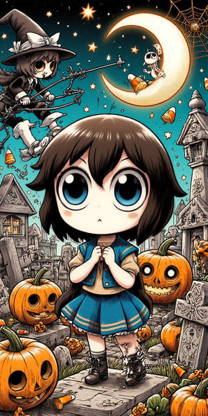 A bewitching Halloween scene unfolds in this manga panel: a tiny, spirited heroine stands defiantly amidst a graveyard of pumpkins and tombstones, her bright blue eyes aglow with determination. A crescent moon casts an eerie glow above, while candy corn and spider webs adorn the dark, mystical atmosphere.