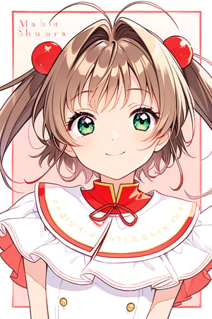 1girl, solo, looking at the audience, model pose, happy face, eyes with long and dense eyelashes (very bright and crystal clear), character name, text, Cardcaptor Sakura, antenna hair, brown hair, short hair, twintails, green eyes, hair bobbles, Mahou Shoujo uniform, white costume