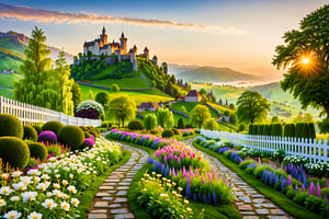A serene and idyllic scene unfolds, with a lush green flower garden nestled beside a charming white wooden fence, its rustic charm punctuated by the soft glow of late afternoon sunlight. A meandering stone pathway winds its way through the blooms, leading the eye to a majestic castle perched atop a misty mountain range in the distance. The medieval atmosphere is palpable, with towering trees and rolling hills completing the picturesque landscape.