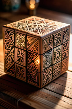 A close-up shot of a intricate, hand-drawn rubic's cube artwork, with delicate sketches and shading that convey complexity. The object sits on a worn wooden table, partially hidden by a faint shadow. Soft, warm lighting casts a gentle glow on the surface, highlighting the subtle textures and crevices.