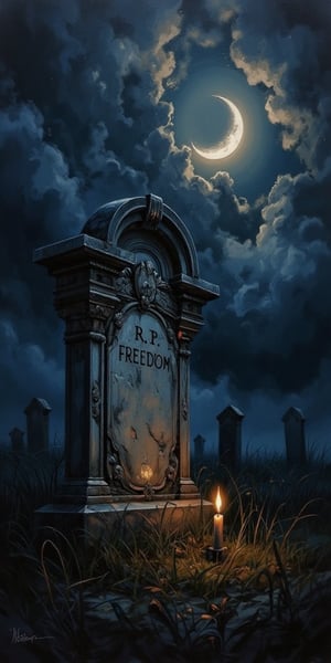 A haunting oil painting portrait of a tombstone, set against a dark and ominous sky with crescent moon shining bright. The weathered stone bears the epitaph 'R.I.P. FREEDOM' in faded script. A lone candle flickers at the base, casting eerie shadows on the surrounding grass. The composition is centered around the tombstone, with the background blending seamlessly into the dark atmosphere.