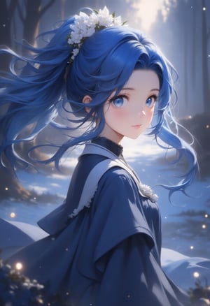 anime, anime style, niji6 style, by nijijourney, anime, anime style, niji6 style, by nijijourney, blue theme, anime, anime style, niji6 style, by nijijourney, 1girl, solo, hair ornament, pony hair, long dress uniform, flower hair ornament, flower, blurry, princess, blurry background, portrait, glow blue eyes, parted lips, from side, blue hair, dress, eyelashes, looking up, upper body, white flower, parted bangs, jacket, depth of field, nature, outdoors, sidelocks, forest, blue eyes, floating hair, expressionless, hair intakes, gradient hair, blue hair, blue eyes, very long hair, multicolored hair, sunlight, animification, anime coloring, fake screenshot, screencap, anime screencap, twilight, detailed eyes, ambient light, thick eyelashes, diamond, dark night, dark deep, sparkling, masterpiece, best quality, highres, 4k, 8k, intricate detail, cinematic lighting, amazing quality, amazing shading, film grain, blurry foreground, vignetting chiaroscuro, chromatic aberration, backlighting, global illumination, drop shadow, detailed illustration, anime style, wallpaper, animification, anime coloring, fake screenshot, screencap, anime screencap,Oil painting style,Anime style,Oil painting style 