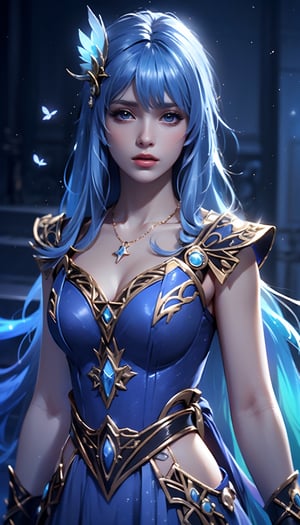 masterpiece, RAW,, ultra realistic, outdoors, ((blue hair)), (hair ornament), reah, long blue hair, looking at viewer, perfect face, see through top, stairs, facing viewer, photorealistic, blue glows, Science Fiction, sexy, 4K, 8k HD, Circle, high quality, OceanGoddess,1 girl, portrait,Modena butterfly, red scarf, red cloak, white dress, bracelet