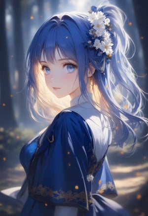 anime, anime style, niji6 style, by nijijourney, anime, anime style, niji6 style, by nijijourney, blue theme, anime, anime style, niji6 style, by nijijourney, 1girl, solo, hair ornament, pony hair, long dress uniform, flower hair ornament, flower, blurry, princess, blurry background, portrait, glow blue eyes, parted lips, from side, blue hair, dress, eyelashes, looking up, upper body, white flower, parted bangs, jacket, depth of field, nature, outdoors, sidelocks, forest, blue eyes, floating hair, expressionless, hair intakes, gradient hair, blue hair, blue eyes, very long hair, multicolored hair, sunlight, animification, anime coloring, fake screenshot, screencap, anime screencap, twilight, detailed eyes, ambient light, thick eyelashes, diamond, dark night, dark deep, sparkling, masterpiece, best quality, highres, 4k, 8k, intricate detail, cinematic lighting, amazing quality, amazing shading, film grain, blurry foreground, vignetting chiaroscuro, chromatic aberration, backlighting, global illumination, drop shadow, detailed illustration, anime style, wallpaper, animification, anime coloring, fake screenshot, screencap, anime screencap,Oil painting style,Anime style,Oil painting style 