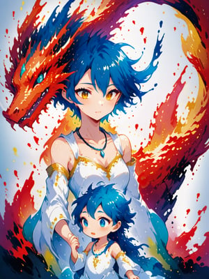 blue hair woman, white dress, detached sleeves, necklace, chinese dragon behind her,1girl,Dragon,baby dragon,DRG