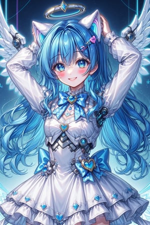cowboy shot, idol smile, ultra Realistic anime, futuristic cyborg idol with cute mechanical cat ears, vibrant color palette, long blue hair, blue pupils, blue eyes, bow hairpins, blushing, shyness, blue bow tie, white dress, angelic angel, long sleeves, hands raised above the head

