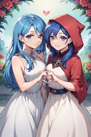 score_9, score_8_up, score_7_up, score_6_up, score_5_up,2girls,multiple girls,blue hair ,hearts hands, at garden, 2girls, reah (ys1), blue eyes, blue hair, long hair, pony hair, red hood dress, smile, parted lips, 2girls, feena (ys1), blue hair, blue eyes, light smile, white dress,Enhanced All