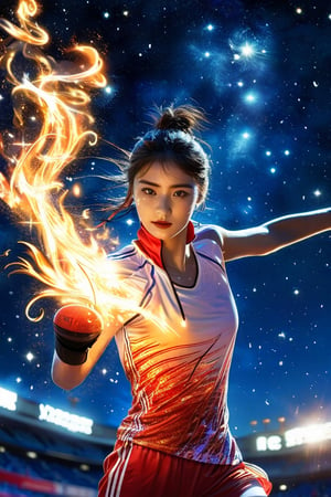 realistic, beautiful, elemental, magic, 1girl, majestic, night_sky, olympic, sports