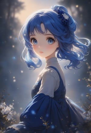 anime, anime style, niji6 style, by nijijourney, anime, anime style, niji6 style, by nijijourney, blue theme, anime, anime style, niji6 style, by nijijourney, 1girl, solo, hair ornament, pony hair, long dress uniform, flower hair ornament, flower, blurry, princess, blurry background, portrait, glow blue eyes, parted lips, from side, blue hair, dress, eyelashes, looking up, upper body, white flower, parted bangs, jacket, depth of field, nature, outdoors, sidelocks, forest, blue eyes, floating hair, expressionless, hair intakes, gradient hair, blue hair, blue eyes, very long hair, multicolored hair, sunlight, animification, anime coloring, fake screenshot, screencap, anime screencap, twilight, detailed eyes, ambient light, thick eyelashes, diamond, dark night, dark deep, sparkling, masterpiece, best quality, highres, 4k, 8k, intricate detail, cinematic lighting, amazing quality, amazing shading, film grain, blurry foreground, vignetting chiaroscuro, chromatic aberration, backlighting, global illumination, drop shadow, detailed illustration, anime style, wallpaper, animification, anime coloring, fake screenshot, screencap, anime screencap,Oil painting style,Anime style,Oil painting style 