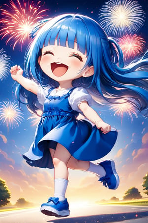 masterpiece, highly detailed, (extremely detailed fine touch:1.3), chibi anime style, happiness, big smile, jumping, long majestic blue hair, blunt bangs, 1girl, solo, full body, leaning back, side shot, cute dress, firework, multiple color, Anime Style.,Anime style, add text as "15 K",fashion magazine cover