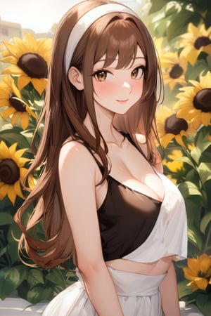 A young woman, Kelart, poses against a sunny outdoor backdrop, surrounded by blurry yellow sunflowers. She stands from the side, gazing directly at the camera with her warm brown eyes. Her extremely long brown hair cascades down her back, tied back with a white hairband. Her medium-sized chest is adorned with a black sleeveless top under a flowing white outfit that drapes elegantly over her curves. The portrait is framed by the lush greenery and sunflowers, with the soft sunlight casting a warm glow on her face.