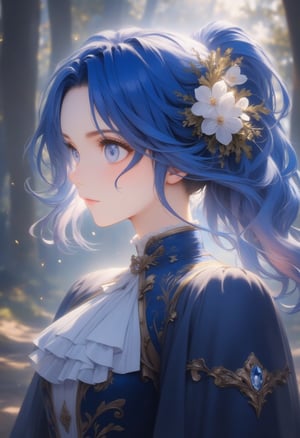 anime, anime style, niji6 style, by nijijourney, anime, anime style, niji6 style, by nijijourney, blue theme, anime, anime style, niji6 style, by nijijourney, 1girl, solo, hair ornament, pony hair, long dress uniform, flower hair ornament, flower, blurry, princess, blurry background, portrait, glow blue eyes, parted lips, from side, blue hair, dress, eyelashes, looking up, upper body, white flower, parted bangs, jacket, depth of field, nature, outdoors, sidelocks, forest, blue eyes, floating hair, expressionless, hair intakes, gradient hair, blue hair, blue eyes, very long hair, multicolored hair, sunlight, animification, anime coloring, fake screenshot, screencap, anime screencap, twilight, detailed eyes, ambient light, thick eyelashes, diamond, dark night, dark deep, sparkling, masterpiece, best quality, highres, 4k, 8k, intricate detail, cinematic lighting, amazing quality, amazing shading, film grain, blurry foreground, vignetting chiaroscuro, chromatic aberration, backlighting, global illumination, drop shadow, detailed illustration, anime style, wallpaper, animification, anime coloring, fake screenshot, screencap, anime screencap,Oil painting style,Anime style,Oil painting style 