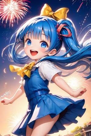 masterpiece, highly detailed, (extremely detailed fine touch:1.3), chibi anime style, happiness, big smile, jumping, long majestic blue hair, blunt bangs, 1girl, solo, full body, leaning back, side shot, cute dress, firework, multiple color, Anime Style.,Anime style, add text as "15 K",fashion magazine cover