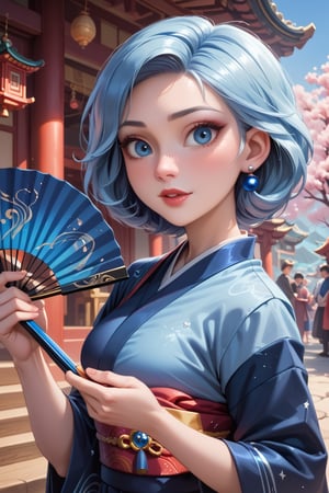 score_9, score_8_up, score_7_up, disney style, luna stellar, 1girl, absurd resolution, 8k, hd, ulzzang, lustry skin texture, blue hair, blue eyes, pale skin tone, realistic, an beautiful japanese girl. a mesmerizing beautiful japanese girl, majestic, kimono, holding fan, teasing, BREAK, rating_explicit, score_9_up,disney pixar style