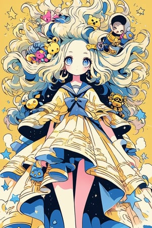 A girl and pop-style anime illustration,featuring an extremely deformed, 1Girl, girl in glamorous dress. The girl has exaggerated, large blue eyes sparkling with excitement and an over-the-top, cheerful expression. Her sailor uniform is brightly colored with bold, contrasting hues and glittering accents. She has voluminous, flowing hair adorned with cute accessories like bows and stars. The background is vibrant and busy,gloriaexe,txznf