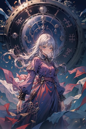 (personification, clock), Personification of clock, witch, masterpiece, absurdres ,original, dreamy background, visual appeal, excellent composition, wide shot, reah, blue long hair, blue eyes, metallic, metal reflective, levitate