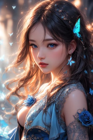 masterpiece, high quality, realistic aesthetic photo ,(HDR:1.4), pore and detailed, intricate detailed, graceful and beautiful textures, RAW photo, 16K, (bokeh:1.1), ((A blue-rose fantasy-world theme)), diffused sunlight, cool tone, blue-velvet butterfly,
attractive-1girl, black lace sexy bodysuit, blue tops, blue skirt, captivating beautiful face,  beautiful light blue wavy long hair, dull bangs, detailed beautiful blue eyes, smooth fair skin, light-pink lips, eye_shadow, large breasts, small earing, 
high detailed, ultra detailed,Subsurface scattering
high resolution, world-class official images, impressive visual, perfect composition,1 girl