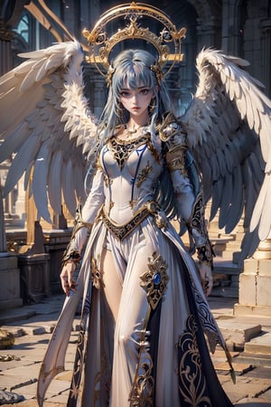 triumphant angel girl, roccoco irridescent fallen angel, cute young angel girl, reah, long blue hair, white large wings, paradise, angel beaty, beatiful, 8k, oktavian render, high quality, masterpiece, dynamic pose, hot girl, praising, dark background, nimb, cinemathic scene, shiny, an angel wearing gold and silver crystal armor, heaven background, glowing halo around head, white feathered wings, centered key visual highly detailed breathtaking beauty precise lineart vibrant comprehensive cinematic, dynamic pose, best quality, 8k, golden hour,angel_wings