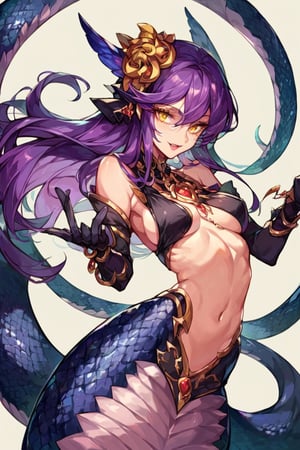 Score_9, Score_8_up, Score_7_up, seduce gaze, long purple hair, bloodlust, lamia mosnter girl, lamia type, black yellow eyes