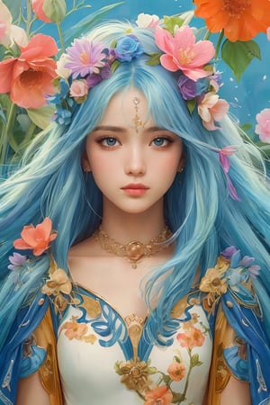 A captivating digital art portrait of a young woman surrounded by a vibrant array of flowers. Her wavy, light blue hair with emo frames her face, blending seamlessly with the floral elements around her. The flowers, in shades of orange, blue, and white, create a striking contrast against her beautiful skin. She gazes directly at the viewer with an intense, almost ethereal expression. The intricate details of the petals and leaves intertwine with her hair, giving the impression that she is one with nature. The overall composition is both delicate and dramatic, evoking a sense of mystery and enchantment.