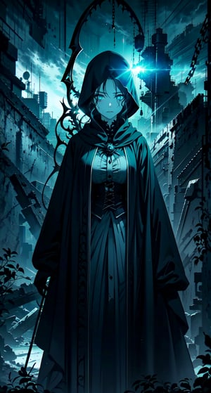 In a hauntingly eerie ambient setting, The Queen of Death emerges from the depths of hell. Her human face is illuminated by an otherworldly glow emanating from her piercing blue eyes. She holds a scythe with confident grasp, surrounded by a dark and ominous theme. Dressed in a striking Grim Reaper costume, she stands out against the charred backdrop, her presence exuding an air of foreboding, Darkness, DGQMGirl2, DP, night