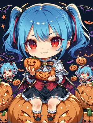 ((Chibi character)), vampire, masterpiece, highly detailed, 16K, HD, vibrant color, halloween_costume, cute_fang, chibi, detailed_background, funny, smile, twintails, blue hair, glowing red eyes, trick or treat,score_9, score_8_up, score_7_up,source_anime,BREAK,